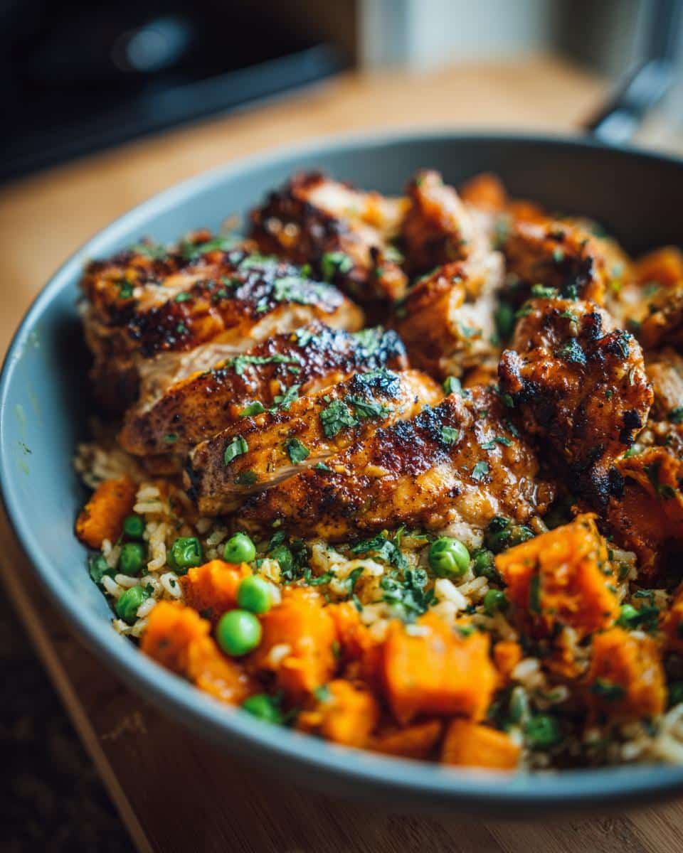 A delicious Chicken & Pumpkin Power Bowl for Large Dogs, featuring chicken, pumpkin, rice, and peas.