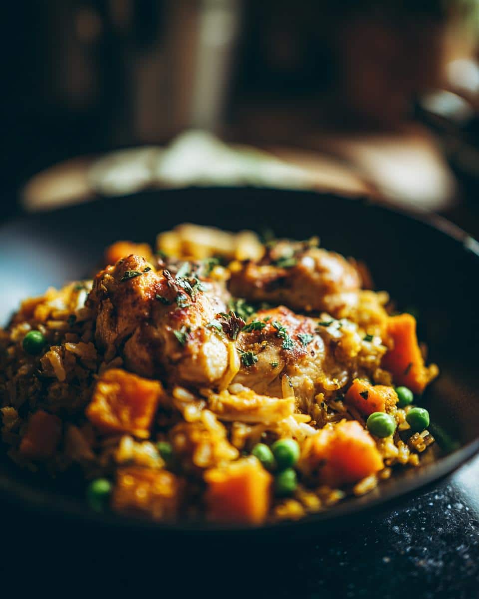 Close-up of a Chicken & Pumpkin Power Bowl for Large Dogs, featuring chicken, pumpkin, rice, and peas.