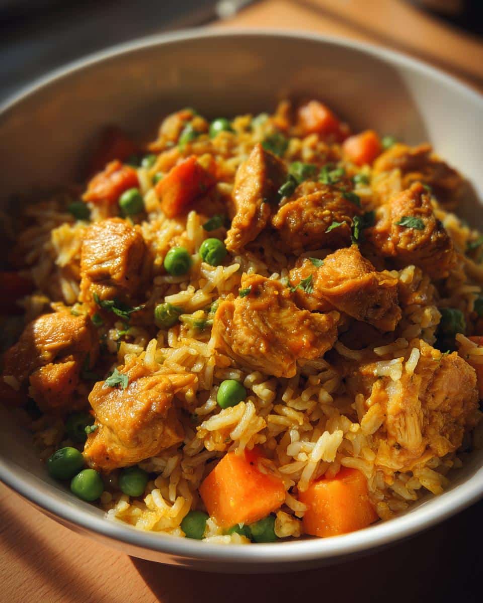 A delicious Chicken & Pumpkin Power Bowl for Large Dogs, featuring chicken, pumpkin, peas, and rice.