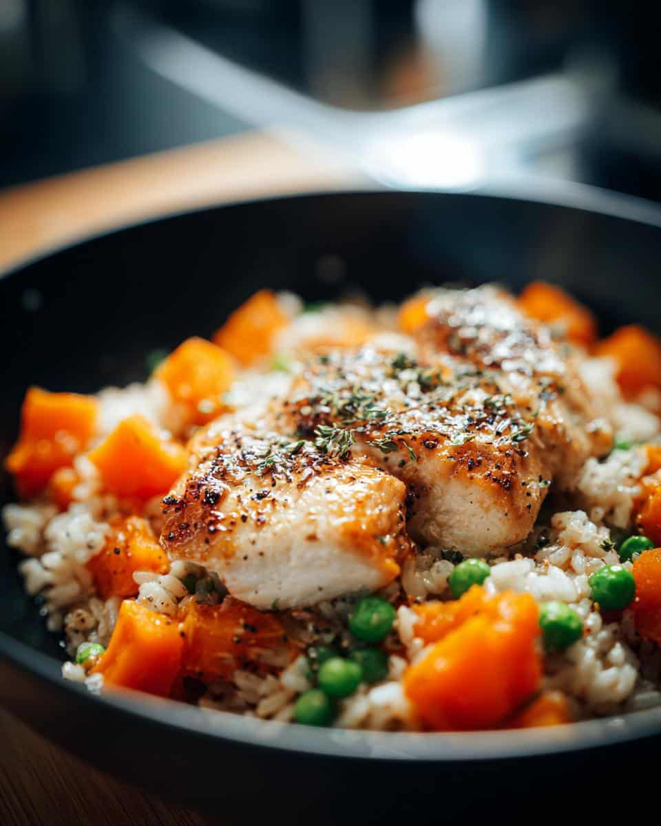 Close-up of a Chicken & Pumpkin Power Bowl for Large Dogs, featuring chicken, pumpkin, rice, and peas.