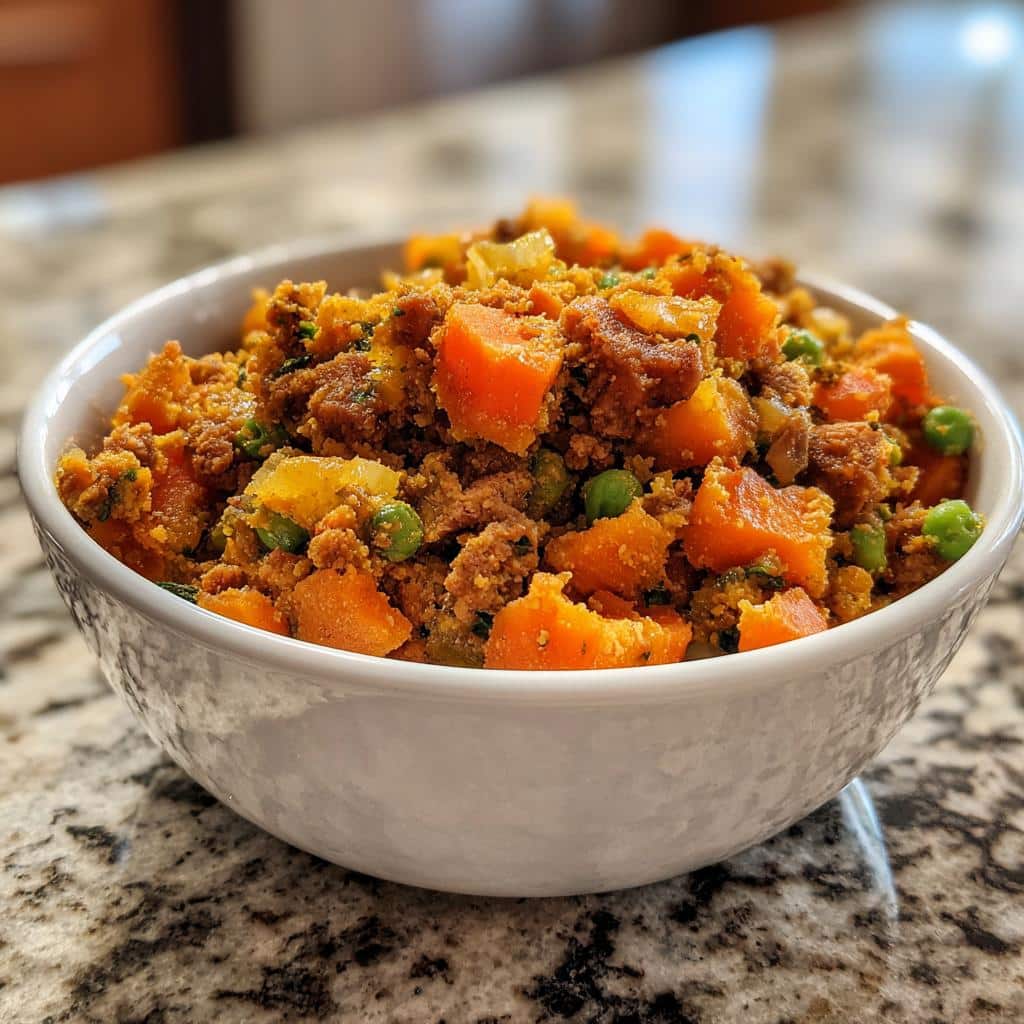 Bowl of homemade Chicken & Pumpkin Puppy Dog Food with chicken, pumpkin, and peas.