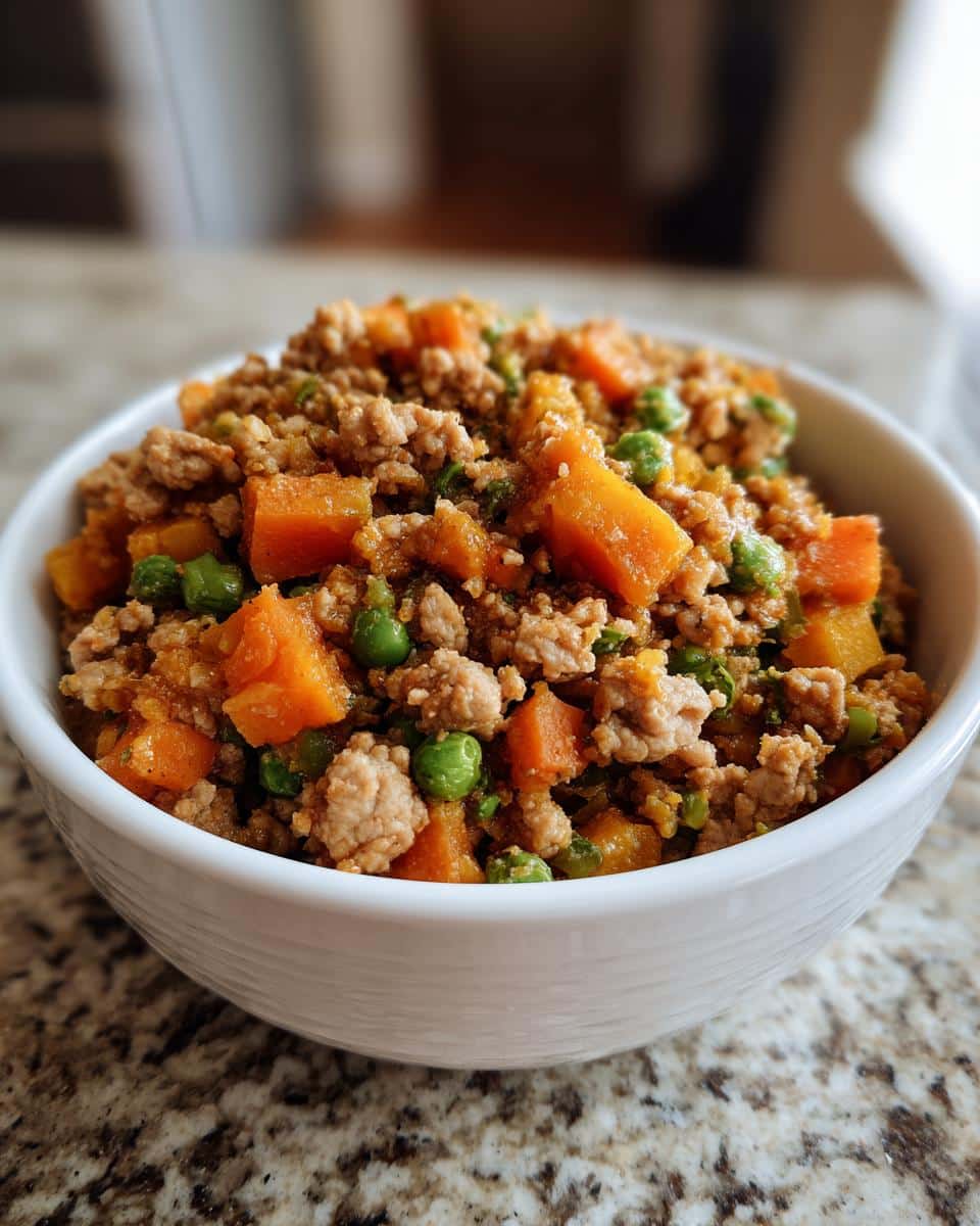A bowl of homemade Chicken & Pumpkin Puppy Dog Food with chicken, pumpkin, and peas.