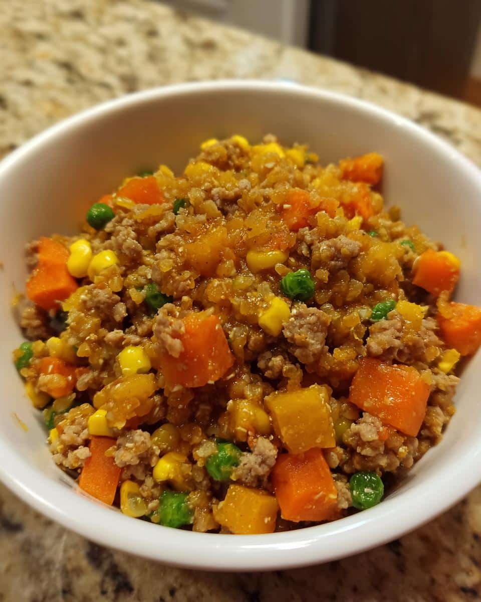 A bowl of homemade Chicken & Pumpkin Puppy Dog Food with visible chicken, pumpkin, peas, corn, and carrots.