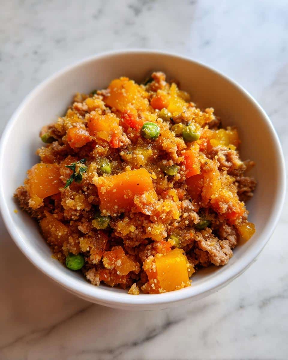 A bowl of homemade Chicken & Pumpkin Puppy Dog Food, featuring visible pumpkin chunks, chicken, and peas.