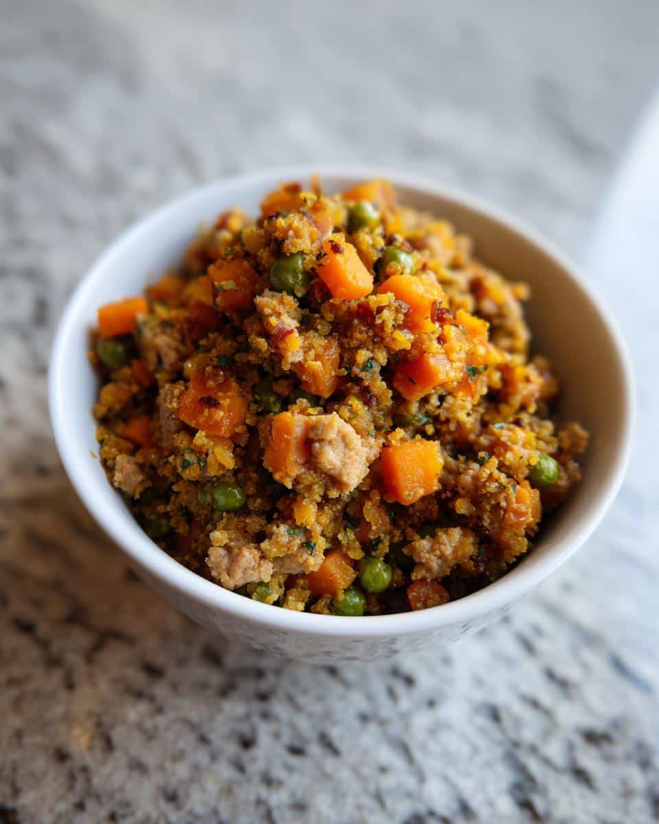 A bowl of homemade Chicken & Pumpkin Puppy Dog Food, featuring chicken, pumpkin, and peas.