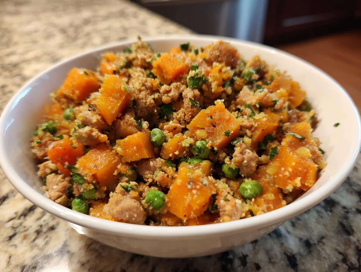A bowl of homemade Chicken & Pumpkin Puppy Dog Food, featuring diced pumpkin, chicken, and green peas.