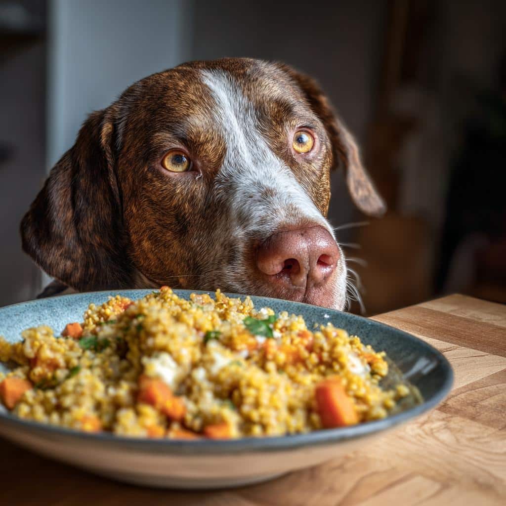 Dog intensely watching a bowl of 15-Minute Chicken & Quinoa Dog Meal, ready to eat.