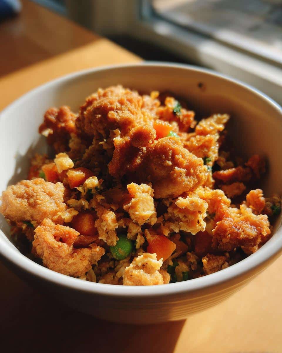 A bowl filled with Best Chicken & Rice Classic Dog Food, featuring visible chicken pieces, rice, carrots, and peas.