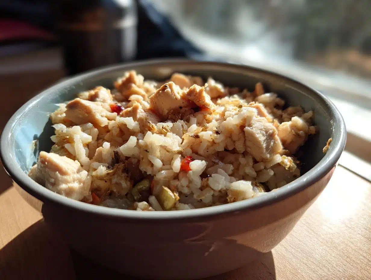 A bowl filled with Chicken & Rice Classic Dog Food, featuring visible chicken pieces and rice.