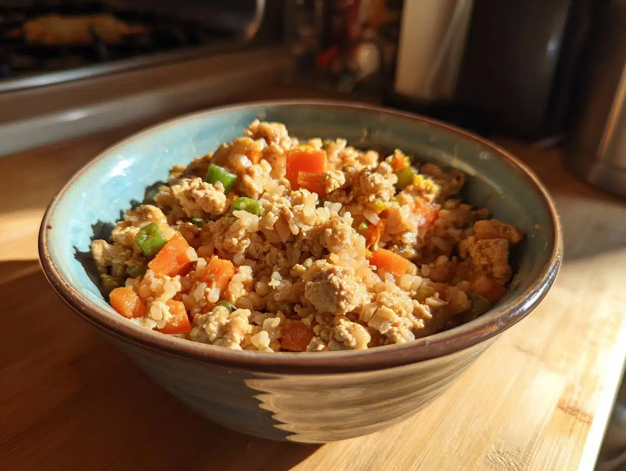 A bowl of homemade 5-Ingredient Chicken & Rice Dog Food with chicken, rice, and vegetables.