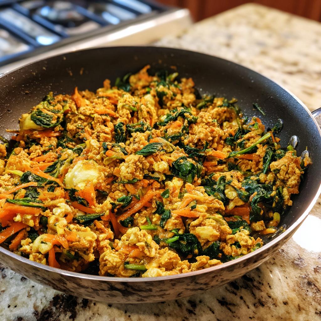 Chicken & Spinach Skillet Dog Food in a non-stick pan, featuring shredded carrots and visible spinach.