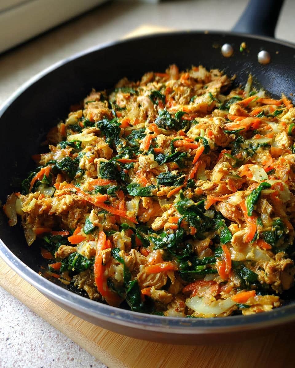 A skillet filled with homemade Chicken & Spinach Skillet Dog Food, featuring chicken, spinach, and carrots.