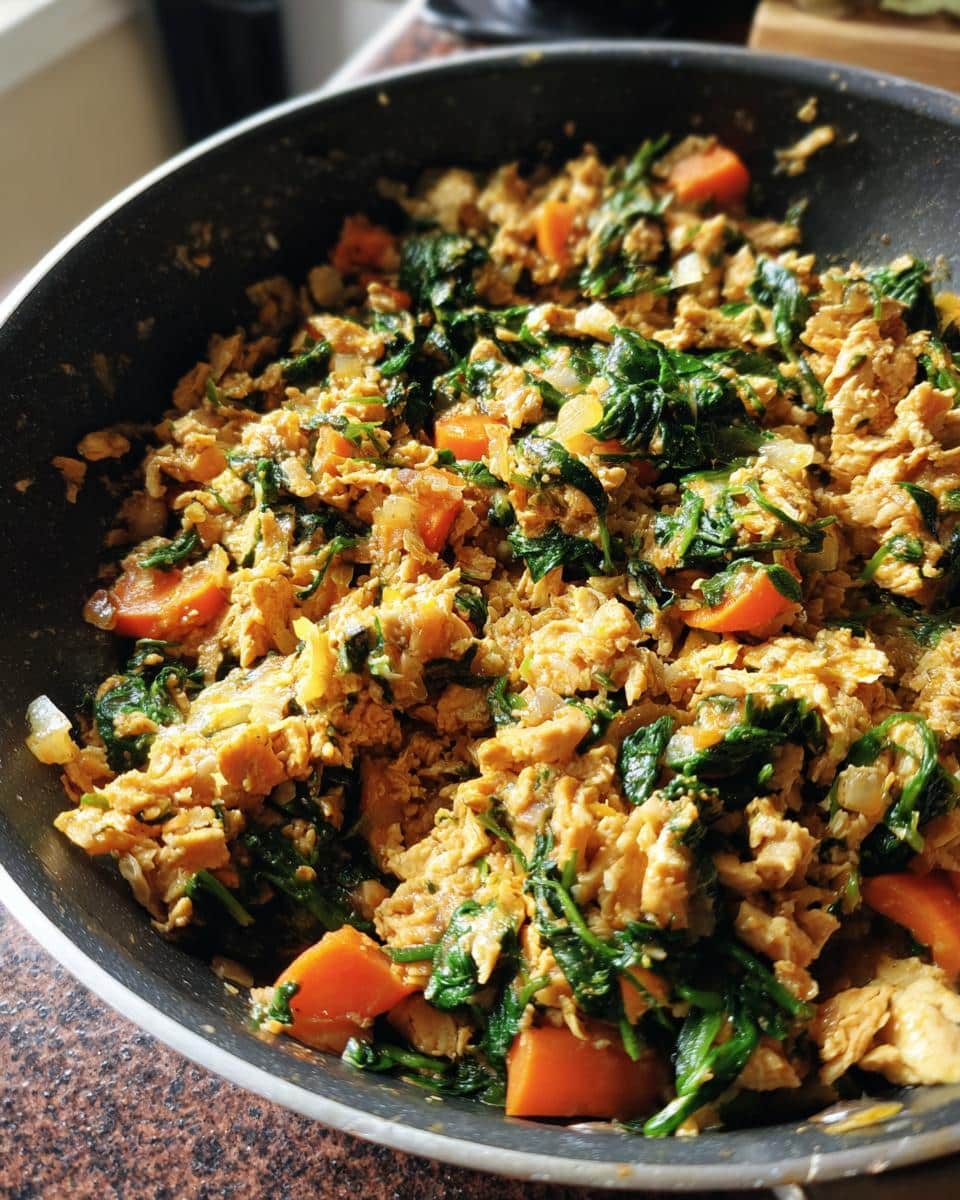 Close-up of Chicken & Spinach Skillet Dog Food in a pan, featuring chicken, spinach, and carrots.