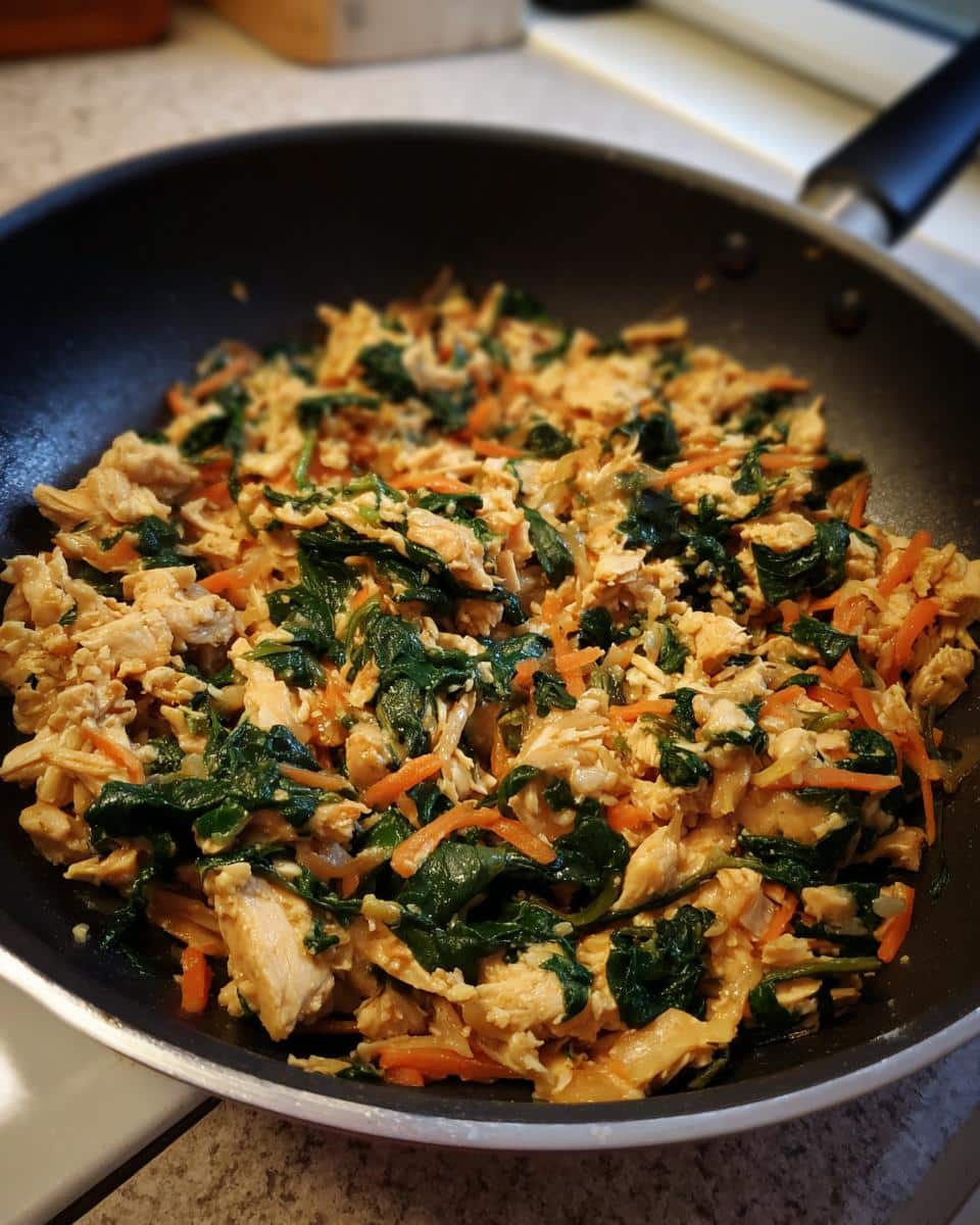 Close-up of Chicken & Spinach Skillet Dog Food in a pan, featuring chicken, spinach, and shredded carrots.
