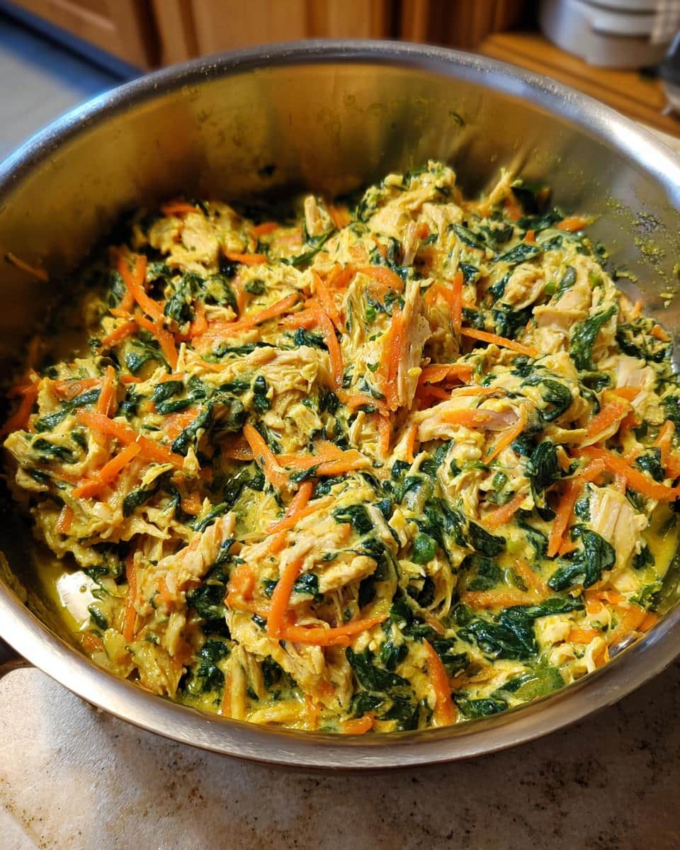 Bowl of homemade Chicken & Spinach Skillet Dog Food with shredded chicken, spinach, and carrots.