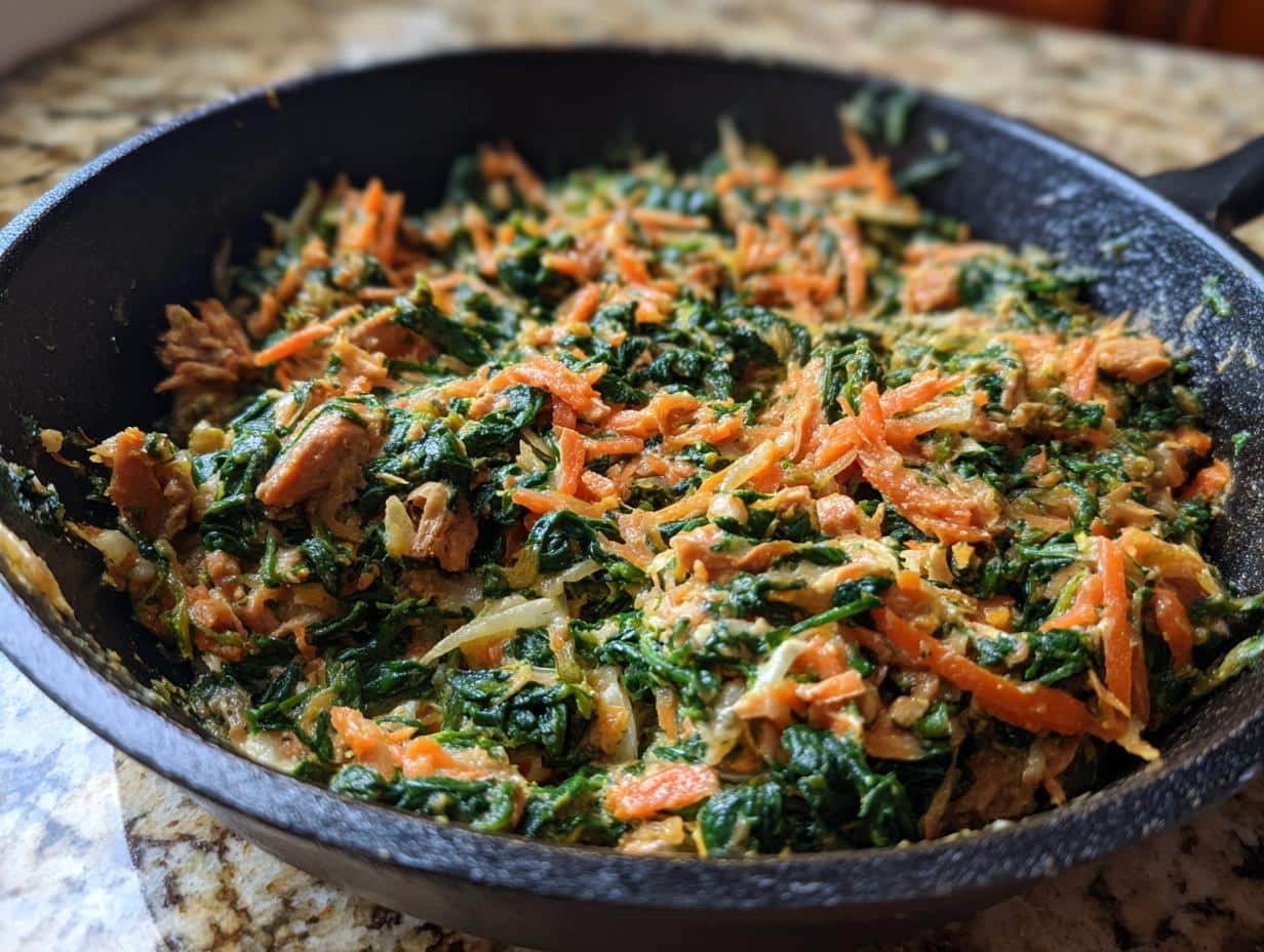 A skillet filled with Chicken & Spinach Skillet Dog Food, featuring spinach, chicken, and shredded carrots.