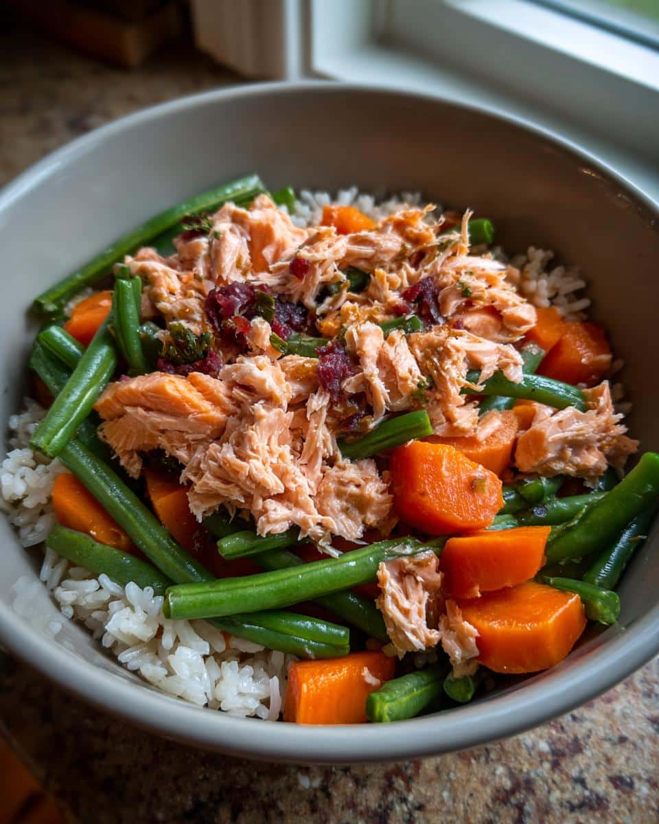 A bowl of Crockpot Salmon & Veggie Dog Dinner with salmon, green beans, carrots, and rice.