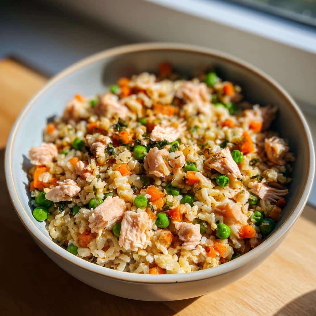 Bowl of Crockpot Salmon & Veggie Dog Dinner with salmon, peas, carrots, and rice.