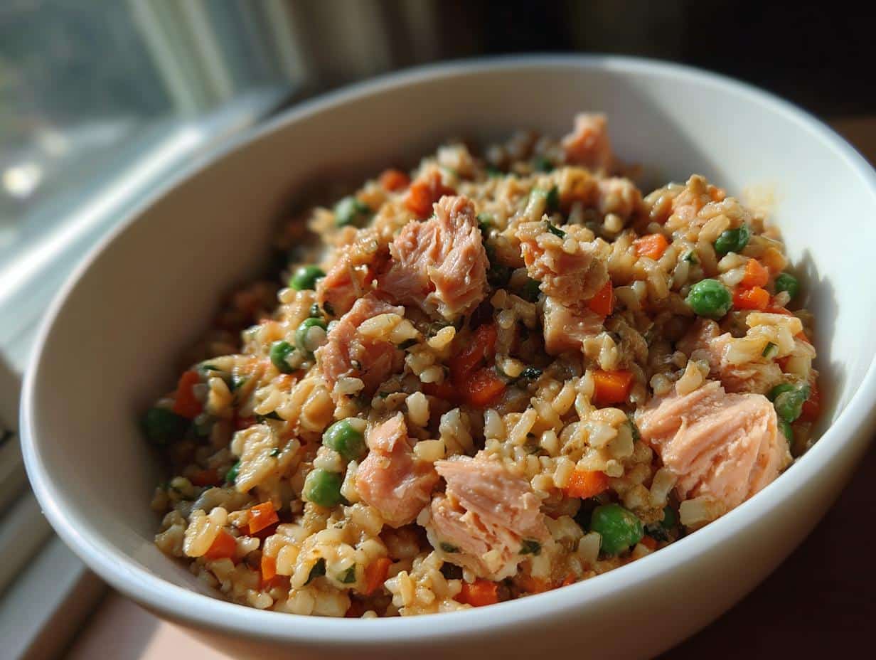A bowl of Crockpot Salmon & Veggie Dog Dinner, featuring salmon chunks, rice, carrots, and peas.