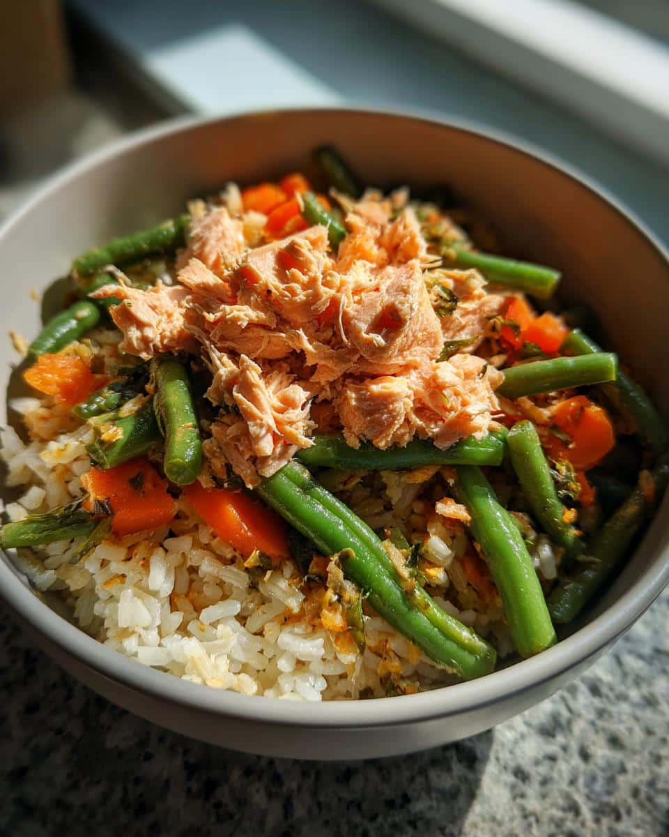 Bowl of Crockpot Salmon & Veggie Dog Dinner with rice, green beans, carrots, and flaked salmon.