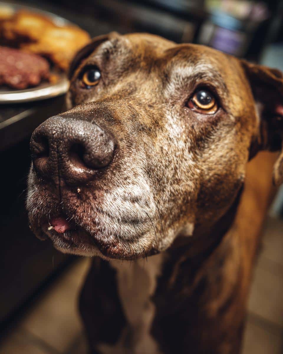 Close-up of a dog looking up, likely anticipating a Beef & Spinach Endurance Dog Recipe meal.