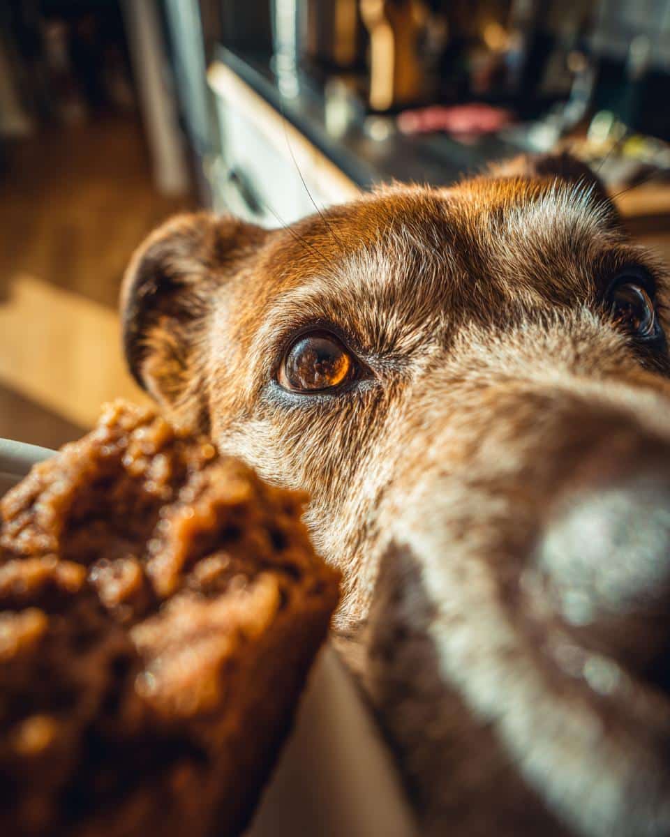 Close-up of a dog looking longingly at a High-Energy Beef & Oats Dog Recipe treat.