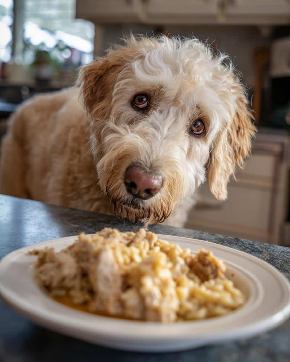 A cute dog gazes longingly at a plate of Chicken, Oats & Spinach Balanced Dog Meal.