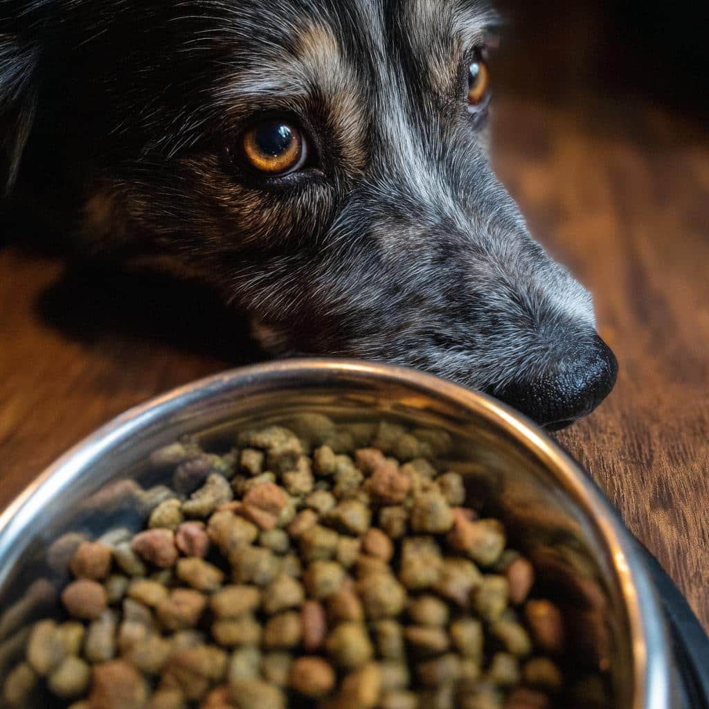 A dog longingly looks at a bowl of Chicken & Pea Growth Dog Food. Focus on the dog's face and the food bowl.