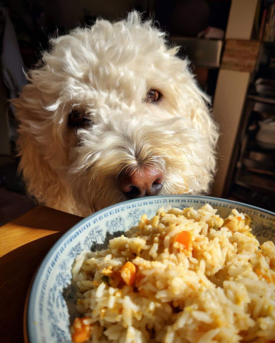 A fluffy dog looks longingly at a bowl of Best Chicken & Rice Classic Dog Food.