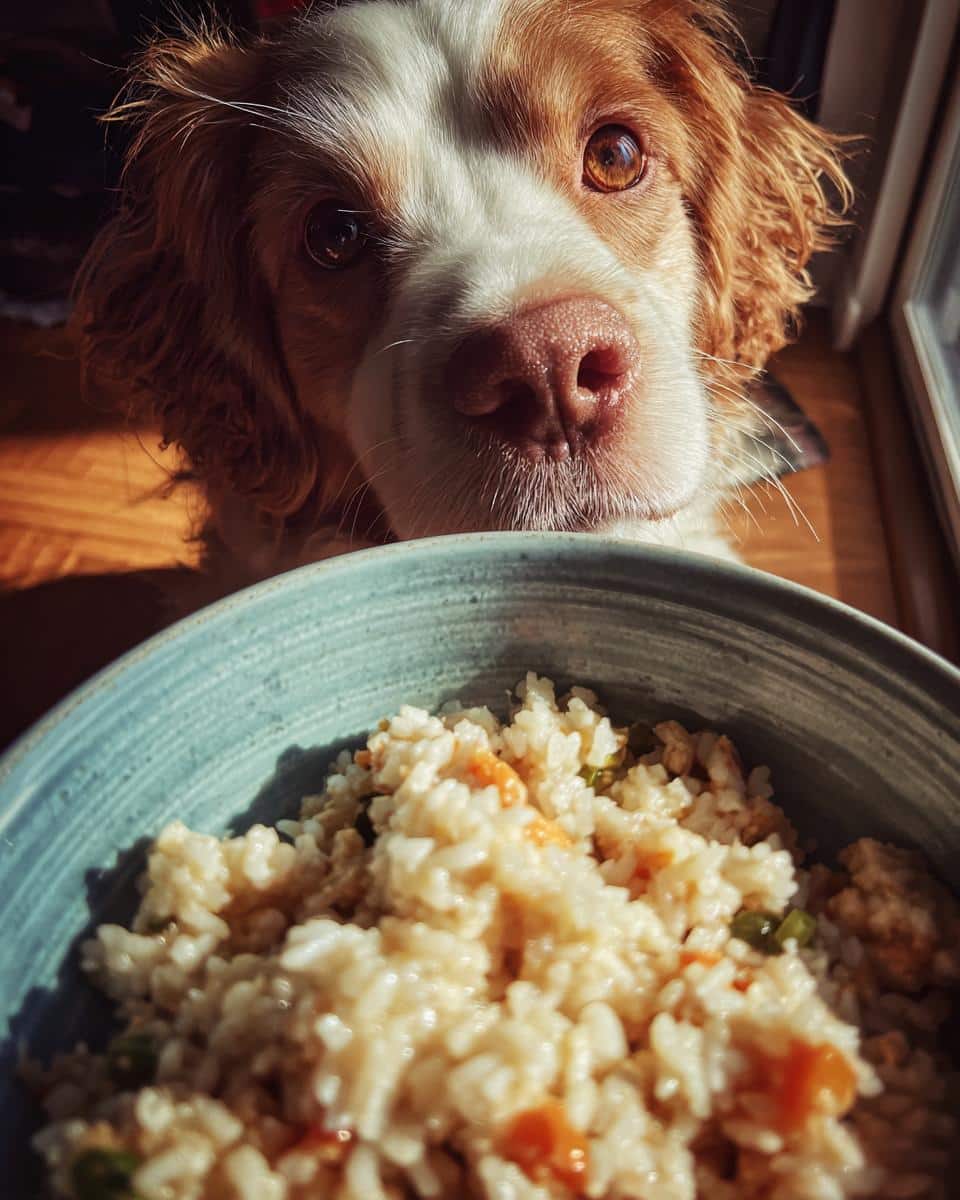 Brittany Spaniel dog looking at a bowl of Best Chicken & Rice Classic Dog Food.
