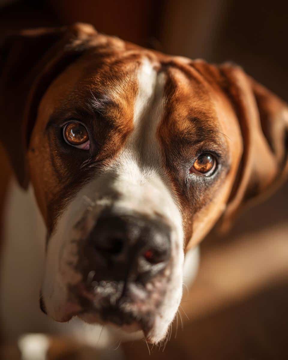Close-up of a dog looking up, anticipating an Easy One-Pot Chicken & Veggie Dog Dinner.