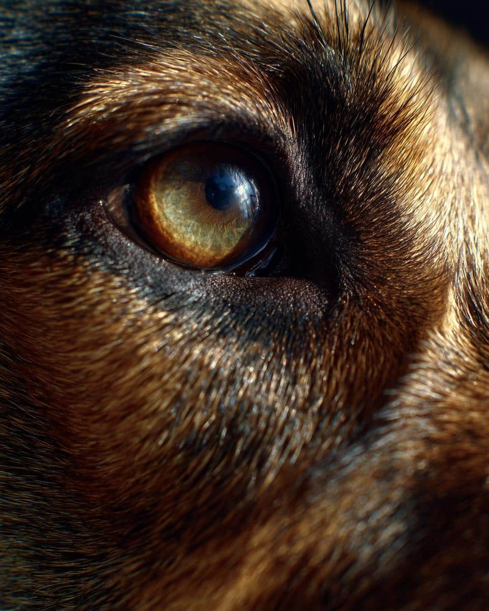 Close-up of a dog's eye, relevant to All-Time Favorite Beef & Veggie Dog Food.