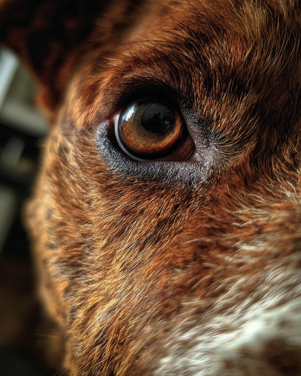 Close-up of a dog's eye, relevant to a High-Energy Beef & Oats Dog Recipe.