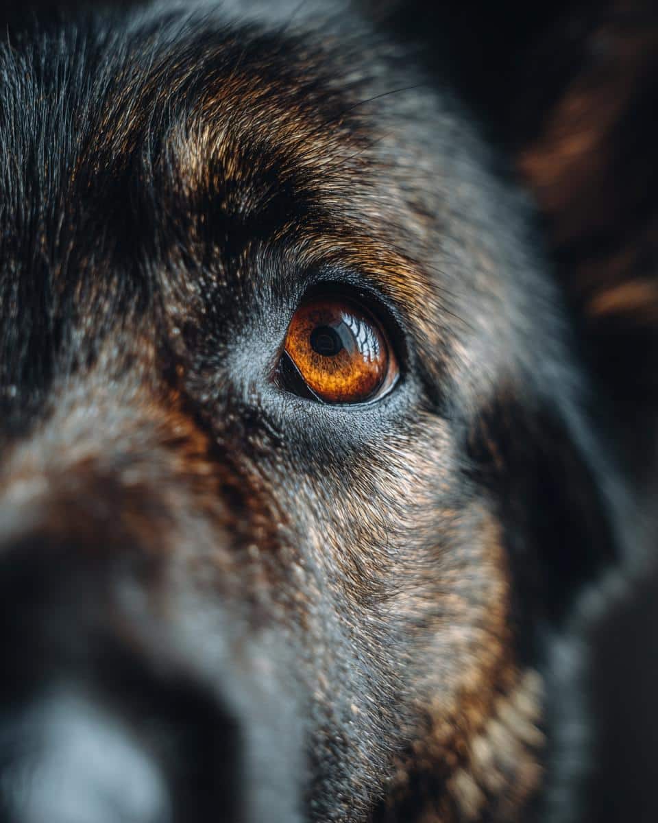 Detailed close-up of a dog's eye, relevant to a recipe for Ultimate Salmon & Oats Dog Meal.