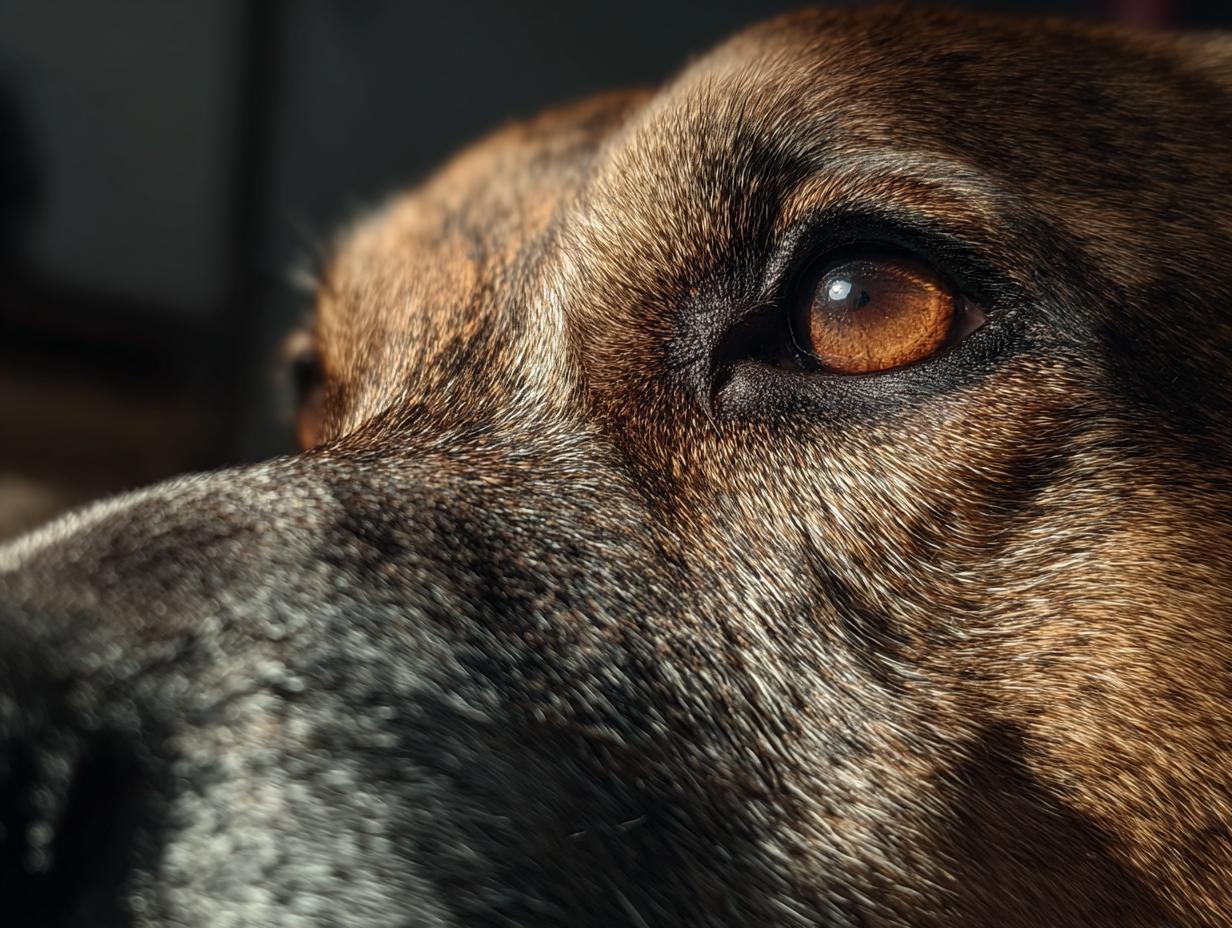 Close-up of a dog's eye, relevant to a recipe for Ultimate Salmon & Oats Dog Meal.