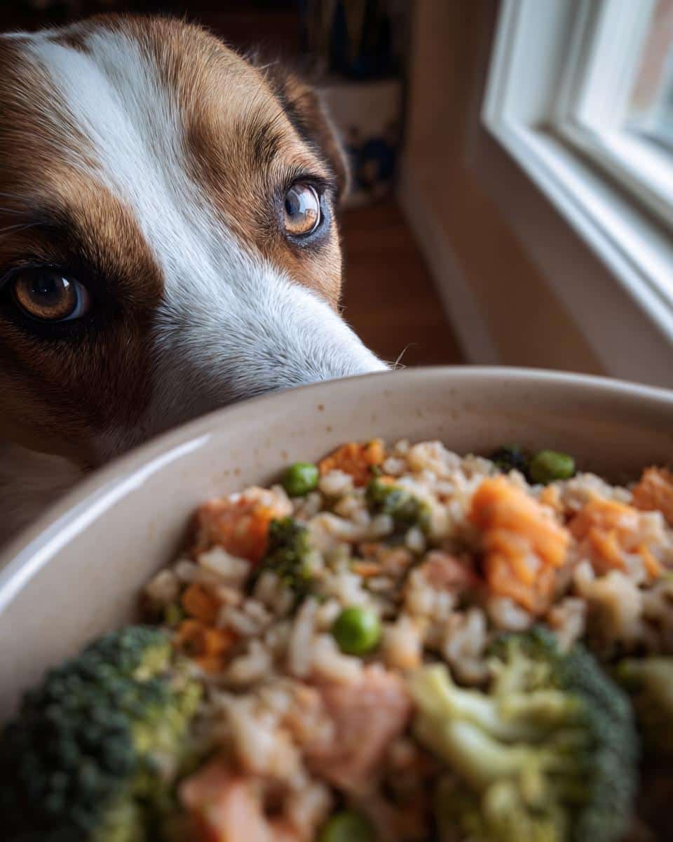 A dog intensely gazes at a bowl of Salmon & Broccoli Heart-Healthy Dog Food.