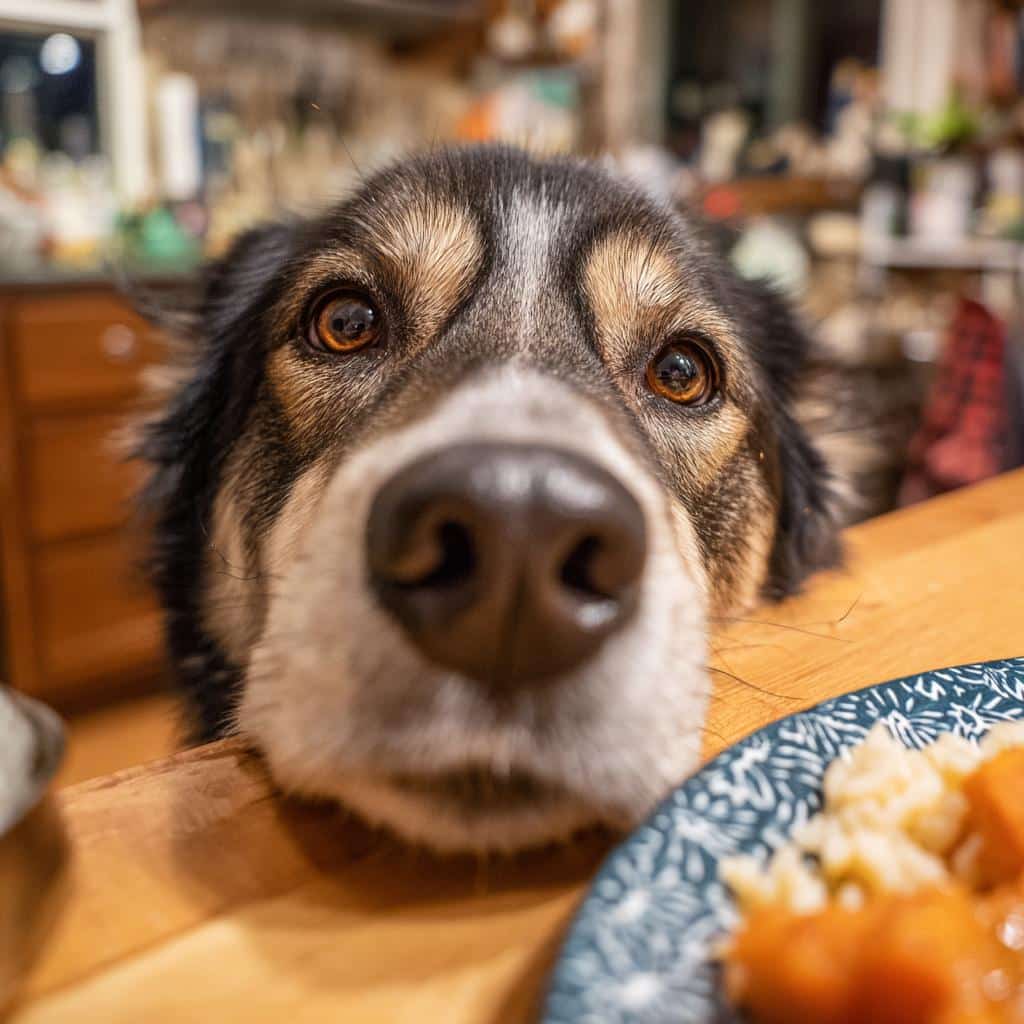 Close-up of a dog looking longingly at a plate of Salmon & Brown Rice Nutritious Dog Dinner on a table.