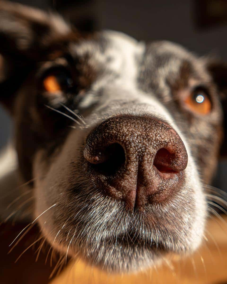 Close-up of a dog's nose, relevant to a High-Energy Beef & Oats Dog Recipe, showing texture and detail.