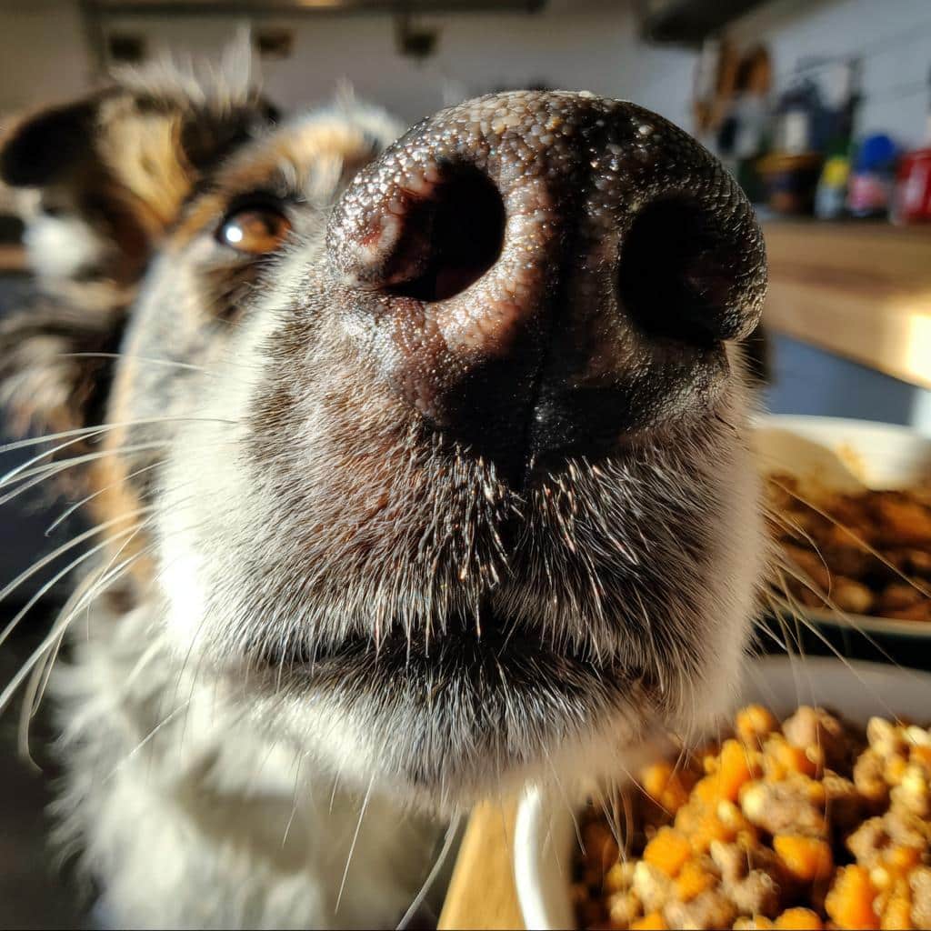 Extreme close-up of a dog's nose, with a bowl of Fresh Salmon & Pumpkin Dog Food visible in the background.