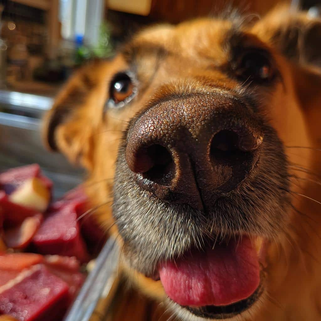 Close-up of a dog's nose and tongue, eagerly awaiting Fresh Salmon & Apple Dog Food. Salmon and apple visible in the background.