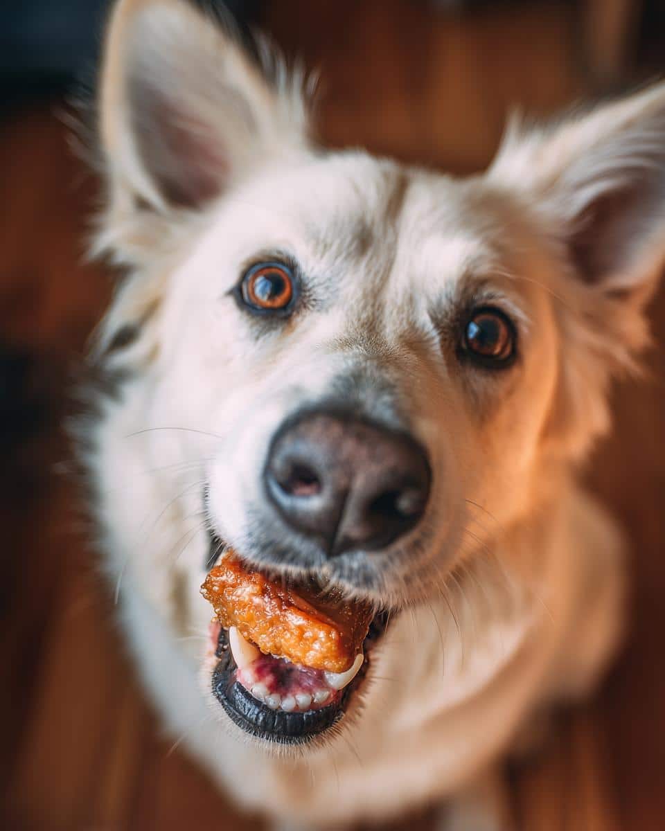 Close-up of a dog holding a piece of Salmon & Brown Rice Nutritious Dog Dinner in its mouth, looking up.