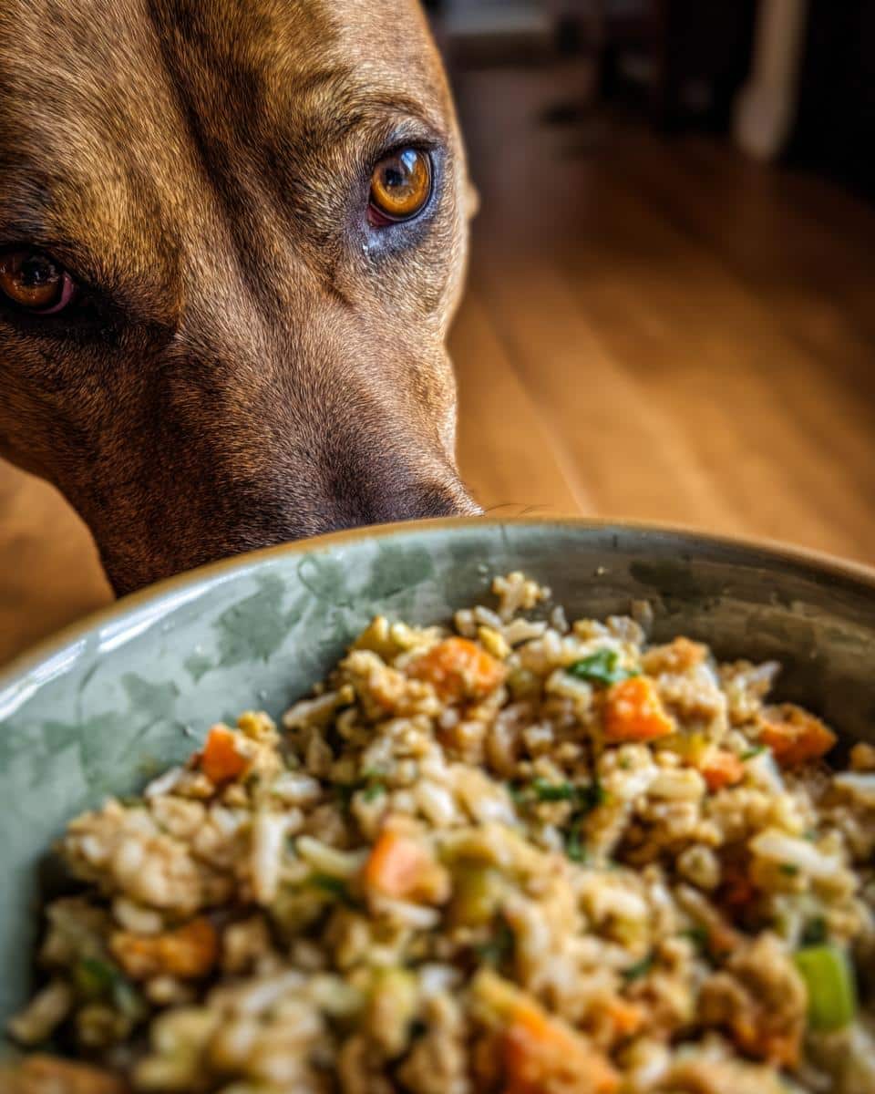 A dog intensely watches a bowl of Favorite Salmon & Brown Rice Dog Meal, eager to eat.