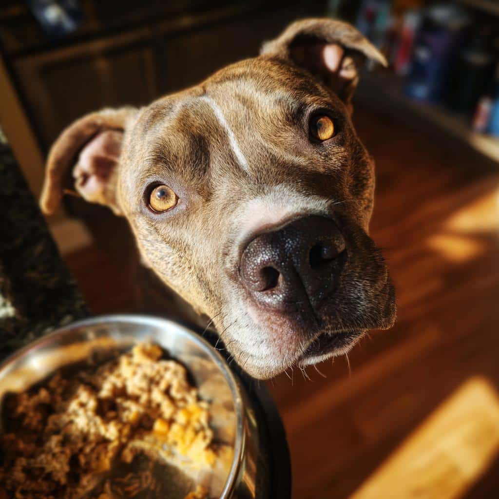 Dog looking up at the camera with a bowl of Fresh Salmon & Pumpkin Dog Food in the foreground.