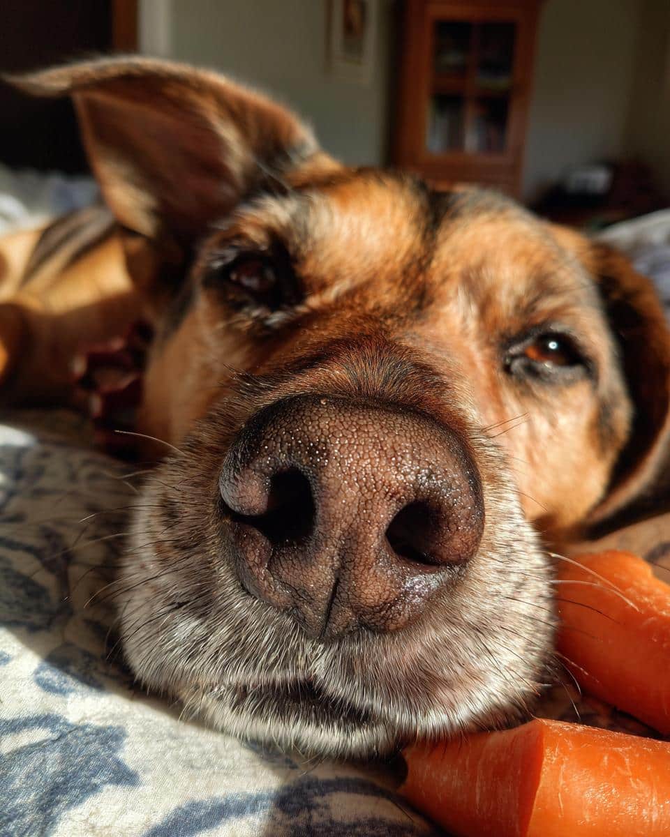 Close-up of a dog's face with carrots, part of the Easy One-Pot Chicken & Veggie Dog Dinner ingredients.