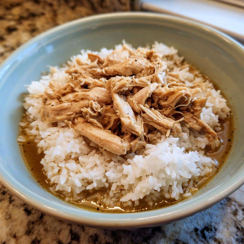 A bowl of Easy Crockpot Chicken & Rice Puppy Food, featuring shredded chicken on a bed of white rice.