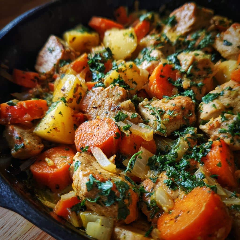 Close-up of Easy One-Pot Chicken & Veggie Dog Dinner with chicken, carrots, potatoes, and herbs.