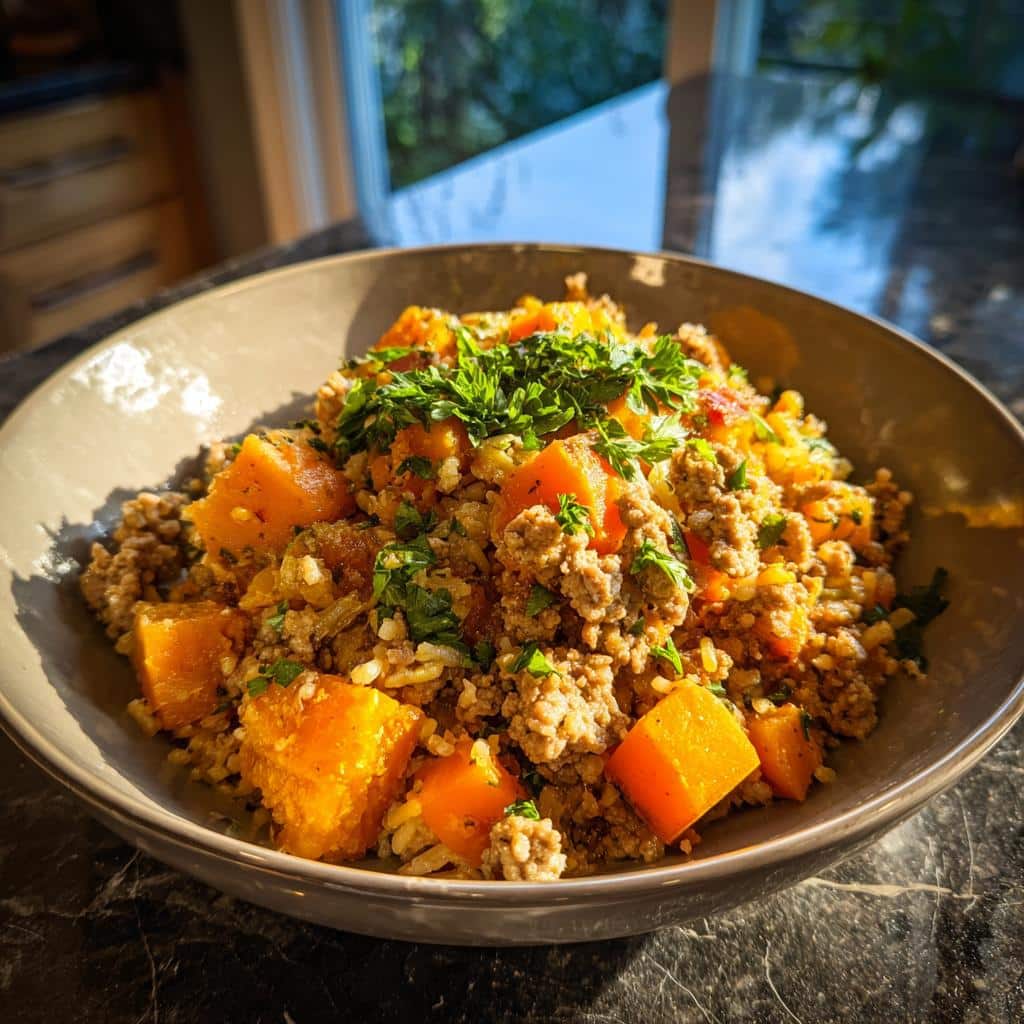 A bowl of Easy Pumpkin & Turkey Dog Bowl, a healthy and delicious treat for your furry friend.