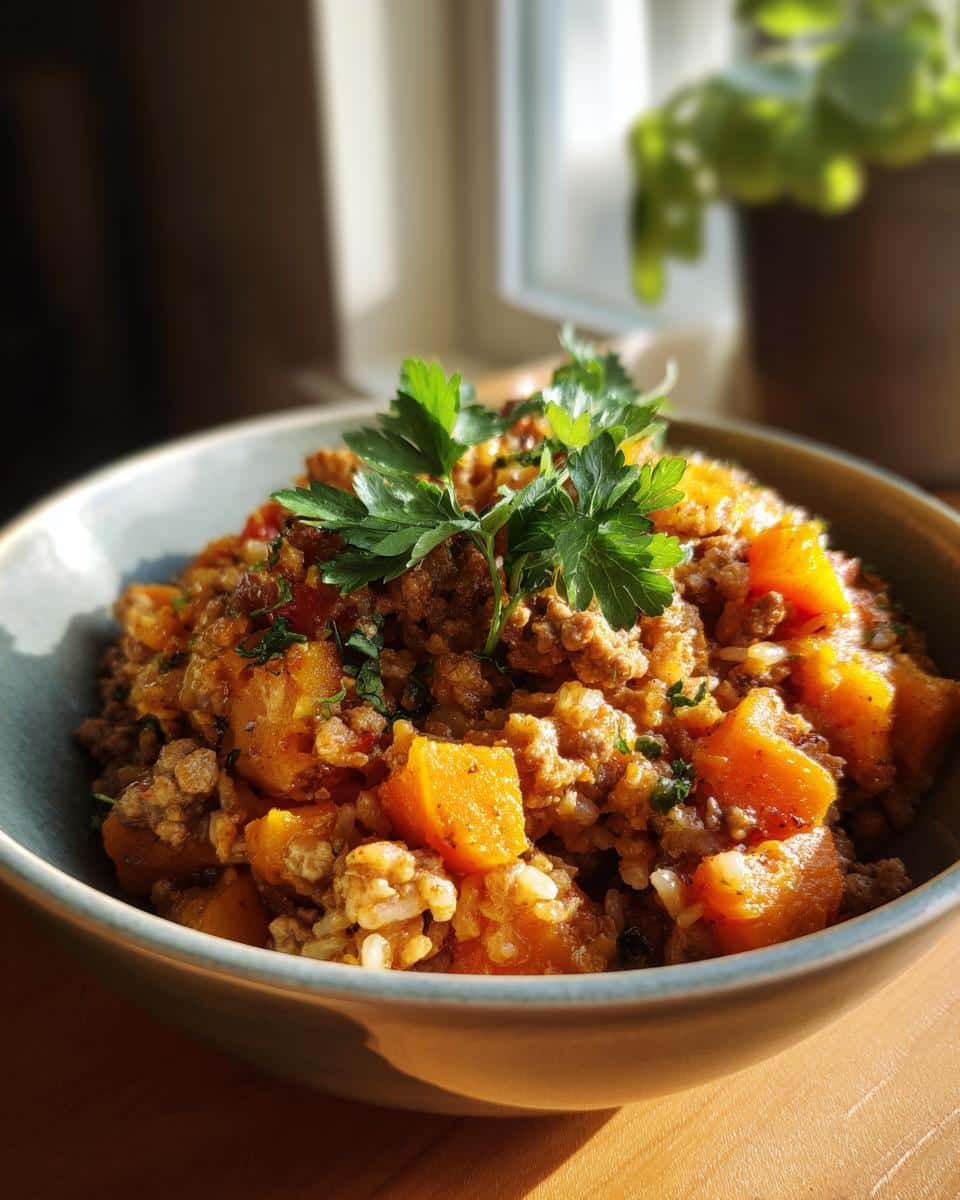 A delicious and healthy Easy Pumpkin & Turkey Dog Bowl, served in a blue bowl and garnished with parsley.