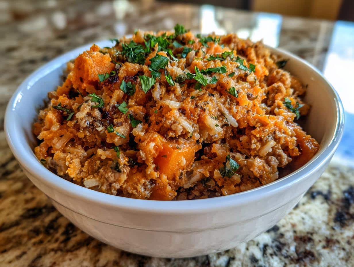 A white bowl filled with Easy Pumpkin & Turkey Dog Bowl mix, garnished with parsley.