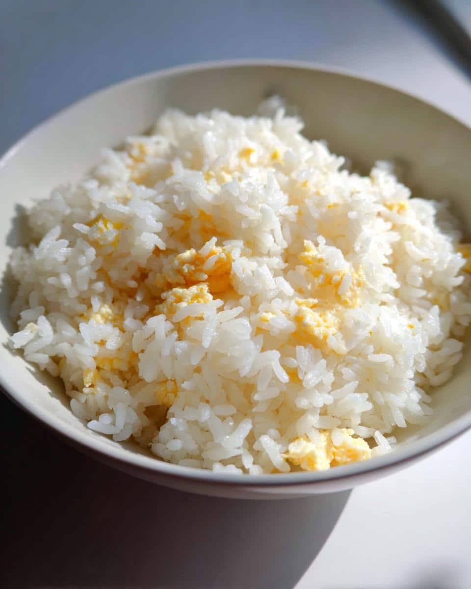 A bowl of Easy Rice & Egg Meal for Tiny Pups, showing white rice mixed with scrambled egg.
